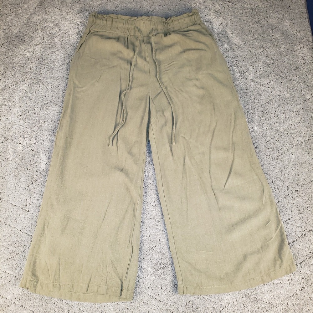 Anrabess Pants Womens L Olive Green Wide Leg Crop Linen Blend Pull On Lagenlook